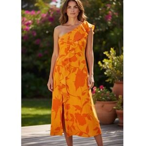 Taylor One Shoulder Maxi Dress Ruffle Floral Party Cocktail Orange Size 2‎ NWT